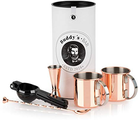 Buddy´s Bar - Moscow Mule Komplett Set, 2 x 500 ml Cocktail-Becher, 27 cm Barlöffel, 5cl Barmaß & schwarze Limettenpresse, lebensmittelecht, Cocktail-Tassen-Set inklusive Geschenkbox, Kupfer poliert