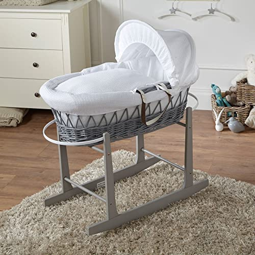 For Your Little One White Waffle Grey Wicker Moses Basket with Grey Rocking Stand