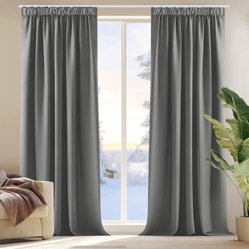 Deconovo Blackout Curtains for Living Room 52 x 63 Inch Thermal Insulated Pencil Pleat Curtains Energy Saving Room Darkening Rod Pocket Curtains Light Grey Set of 2