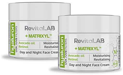 RevitaLAB - Crema antiarrugas de día y de noche con ácido hialurónico enriquecida con aceite de aguacate, matrixyl, retinol y filtros UV, franja de edad 30-45, 2x 50 ml (multipaquete)