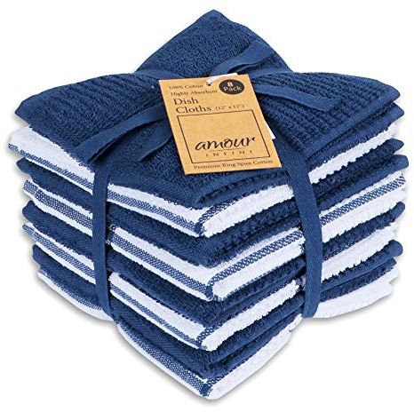 AMOUR INFINI Dish Cloths for Washing Dishes Set of 8 - Highly Absorbent, Super Soft Kitchen Dishcloths - Reusable Quick Dry Dish Rags for Cleaning & Drying Kitchen Linens (12x12 Inch - Blue)