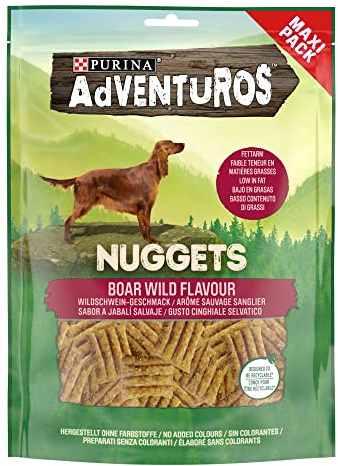 PURINA ADVENTUROS Nuggets | Friandises pour Chien Adulte| Faible teneur en matières grasses, Texture rugueuse, Riches en protéines animales | Arôme Sauvage Sanglier | Sachet | Lot de 4 x 300 g