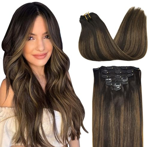 GOO GOO Clip in Human Hair Extensions, 18inch 120g 7pcs, Hair Extensions Clip in, 2/6/2 Dark Brown Balayage