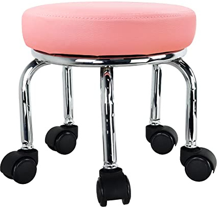 WKWKER Small Round Rolling Stool PU Leather Roller Seat 360° Swivel with Universal Caster Wheels for Home Massage Garden Office Garage Shop Fitness Sport,H：31.5cm（Pink）