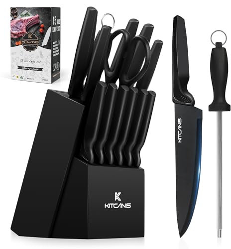 Messerblock Set, 15-TLG Selbstschärfender Messerblock, Scharf Edelstahl Messerset Set mit Wetzstahl und Holzblock, Profi Küchenmesserset, Schwarz