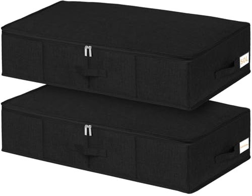 Underbed Storage, 2 Pack 50L Large Underbed Storage Boxes with Lids, Foldable Sturdy Under Bed Clothes Storage Drawer Organiser with Side & Bottom Support, Ultra Thick Fabric Black Under Bed Storage