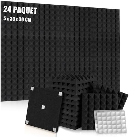 Schiuma acustica con adesivo, 24 pezzi, isolamento acustico, ad alta densità, materiale ignifugo, assorbitore acustico in schiuma per podcast, giochi, uffici (30 x 30 x 5 cm), colore nero