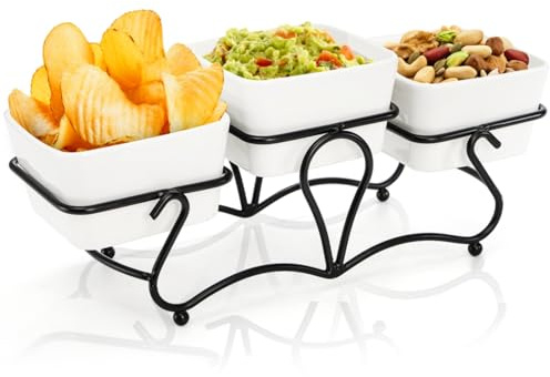 Eorbow 10 OZ Square Bowl Chip & Dip Serving Set, 3 Pieces Ceramic Condiment Server with Metal Stand, Serving Dish Tray for Party Entertaining, Small Snack Platters for Side Dish Appetizer Nuts