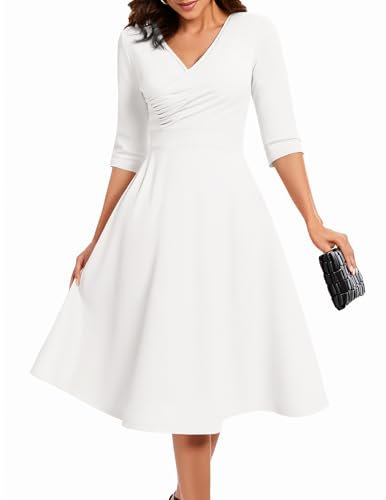 Bbonlinedress Rockabilly Kleider Damen Abendkleider elegant für Hochzeit Winterkleid lang festliches Kleid mit Taschen Party Cocktailkleid White 2XL