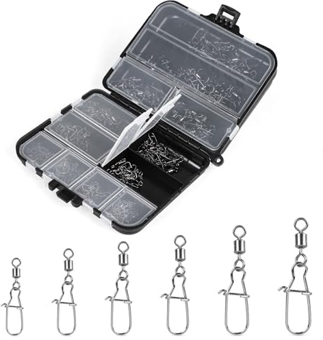DBREAKS 150 Pezzi Girelle da Pesca Anelli 1# 2# 4# 6# 8# 10#, Girelle da Pesca con Moschettone per Trote, Quick Change Snap, Anelli Saldati Solidi in Acciaio Pesce Persico, Lucioperca e Luccio