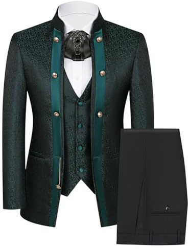 Esmoquin para Hombre, Esmoquin de Jacquard Floral de Cachemira para Hombre, Ajustado 3 Piezas con Cuello mandarín Boda, Blazer, Chaleco, Pantalones, Verde, Talla Grande