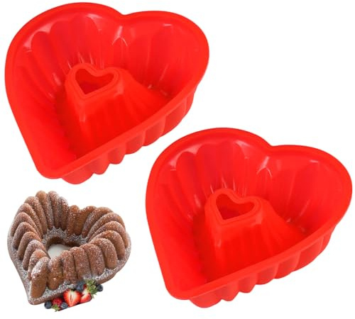 2 stycken bakformar hjärta, 20 cm kakform hjärta, silikon hjärtform bakform | Hjärtbakform, röd, BPA-fri, diskmaskinssäker, för muffins, cupcakes, kakor, mousse, pudding, isbitar och gelé