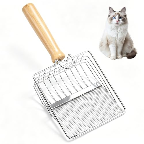 Connextion kattsandspade i metall, kattlådsspade, kattsandsspade med bekväm trähandtag, sandläckageavstånd 4/10 mm, kattsandsspade för kattlåda