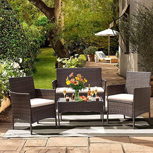 Drmilito Conjunto Terraza Exterio Ratán Muebles Jardin Marrón | 2 Sillones,1 Sofá de Doble Asiento y 1 Mesa para 4 Personas