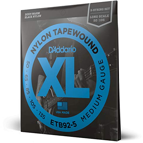D'Addario Bass Guitar Strings, Tapewound Black Nylon, ETB92-5, Long Scale, Medium Gauge 50-135, 5-String Set, Pack of 1