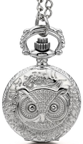 JewelryWe Montre de Poche Quartz Hibou Floral Pendentif Collier Alliage Fantaisie pour Homme Femme Couleur Argent Longueur 80cm avec Sac Cadeau