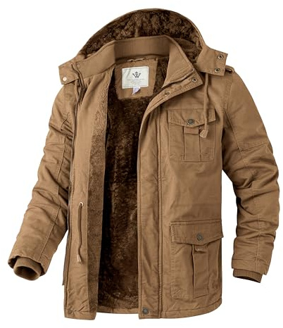 WenVen Chaqueta de Algodón a Prueba de Viento Parka Casual Militar Clásica Parka Capucha Gruesa Extraíble con Pelo Cazadora Entretiempo Bolsillos Múltiples Hombres Caqui S