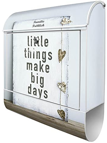 banjado® Design Briefkasten personalisiert mit Little Things 38,5x46,5x13cm & 2 Schlüssel - Briefkasten Stahl weiß mit Zeitungsfach pulverbeschichtet - Postkasten A4 Einwurf inkl. Montagematerial