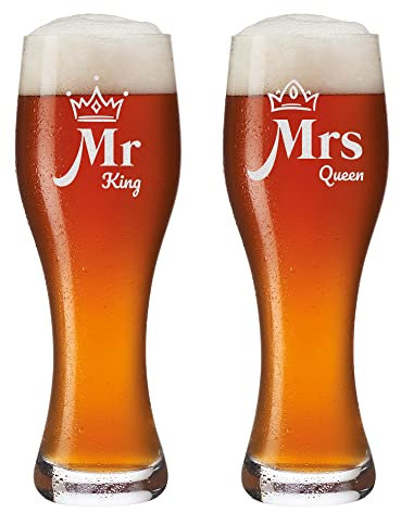 polar-effekt Leonardo Weizenbierglas 2er Set 0,5 L mit Gravur - personalisiertes Hefeweizenglas als Geschenk für Paare - Liebe und Romantik - Geschenkset - Motiv Mr. King und Mrs. Queen