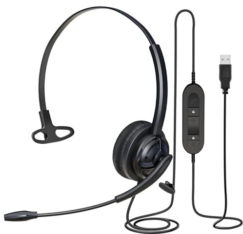 USB Headset mit Mikrofon Noise Cancelling Mono, PC Kopfhörer mit Mikrofon und Lautstärkeregler, Skpye Headset für Home Business Office Callcentre Teams Voip, Pro Mic für Spracherkennung Dragon Nuance