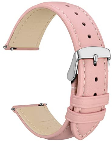 WOCCI 18mm Leather Watch Strap for Women, Quick Release Band, Silver Buckle (Pink)