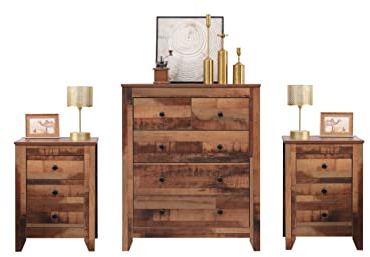 FurnitureHMD Bedroom Furniture 3 Piece Set Wooden Chest of drawers Set of 2 Bedside Table Rustic Brown (set B)