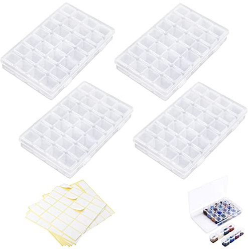 HOMEJOY 4 Stück Diamant Stickerei Box 28 Fächer Diamond Painting Aufbewahrungsbox Transparent Sortimentsbox mit 15 Stickers für Strass Perlen Schmuck Werkzeug