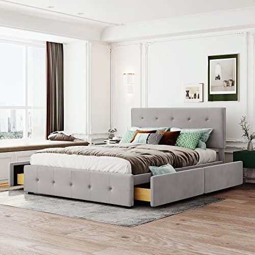 Oyemige Polsterbett mit 4 Schubladen, 140 x 200 cm Doppelbett mit Lattenrost und Rückenlehne, Stauraumbett aus Samtstoff für Erwachsene und Jugendliche, Ohne Matratze (Grau)