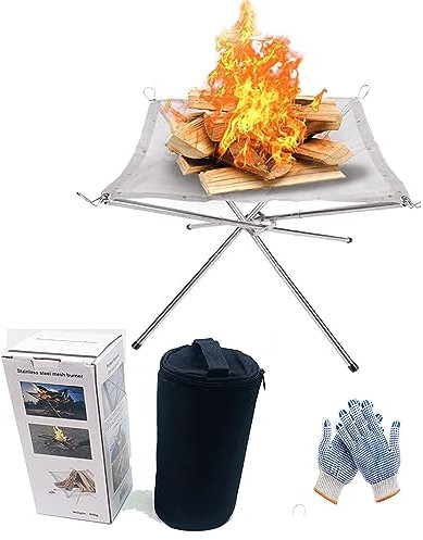 Portable Fire Pit for Camping, Outdoor Folding Firepit Fireplace with Heat Resistant Gloves & Carrying Bag,16.5in Foldable Stainless Steel Mesh Fire Pit Fireplace BBQ Fire Bowl for Outdoor Patio