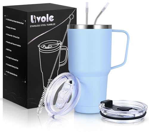 Livole Termosmugg på 30 oz, 900 ml, dubbelväggig termosmugg med sugrör och handtag, rostfritt stål isolerad campingmugg med handtag, kaffemugg to go termo, dryckesmugg för kaffe, cocktail, ljusblå