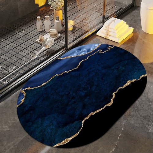 Blue and Gold Marble Bath Mat Rugs Bathroom Floor Mat Super Absorbent Ultra Thin Low Profile Non Slip Quick Dry Washable Carpet for in Front of Bathtub,Shower Room,Sink（32*20Ellipse）