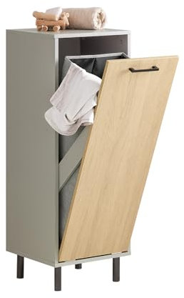SoBuy Bathroom Storage Cabinet with Fold-Out Laundry Basket – Slim Laundry Cabinet with Metal Legs – Slim Bathroom Storage Unit in wood, Natural Grey, 31.5x86x30cm BZR132-NG