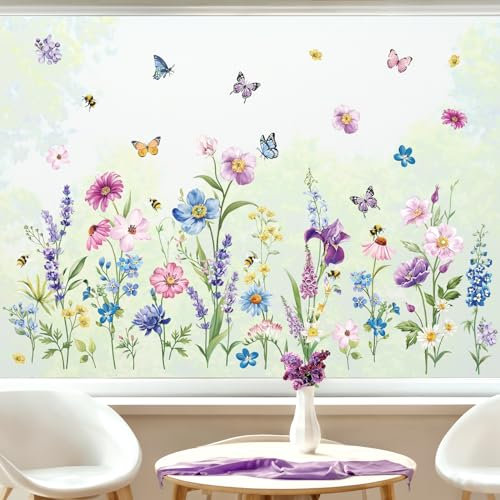 decalmile Fensteraufkleber Frühling Blumen Fensterbilder Frühling Blumen Fenster Abziehbilder Iris Blumen Schmetterlinge Anti-Kollision Fensterfolie Glas Fensterdeko Aufklebe