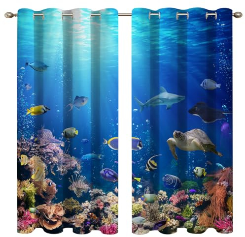 goodbath Blackout Curtains for Bedroom, Underwater Ocean Sea Life Animal Tropical Fish Eyelet Curtains for Kids Living Room Nursery, 2 Panels, 46 x 54(117x138cm) Drop,Bright Blue