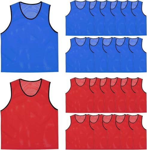 24 gilet per allenamento di squadra, in rete di nylon, per adulti, per basket, calcio, pallavolo, 63 x 53 cm, blu e rosso, rosso, blu., Taglia unica
