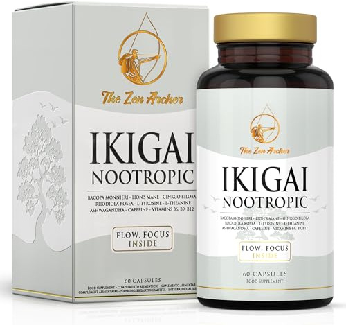 Nootropico IKIGAI | Fórmula Natural para Memoria y Trabajo Profundo | Bacopa, Ginkgo Biloba, Melena de León, Ashwagandha, L-Tirosina, Cafeína, L Teanina | Pastillas Memoria y Concentración
