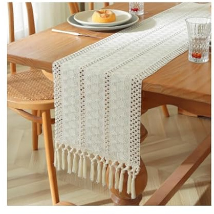 Camino de Mesa Boho Beige con borlas, macramé Mezcla de algodón y Lino, Estilo rústico Granja, para Cocina, Bodas y Fiestas, decoración Comedor, 30x140 cm