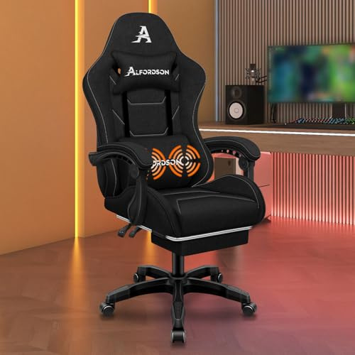 ALFORDSON Gaming-Stuhl mit Massage-Lendenwirbelkissen, ergonomischer Gamer-Racer-Stuhl mit Verstellbarer Rückenlehne, Drehstuhl mit Fußstütze, höhenverstellbar, Schwarz