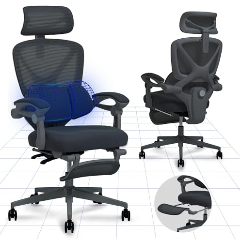 FLEXISPOT OC4 Silla Ergonomica Escritorio con Reposapiés, Silla Escritorio con Soporte Lumbar 3 Zonas, Reclinable 135°, Cojín Transpirable, Altura Ajustable, Ideal Oficina y Teletrabajo, Negro