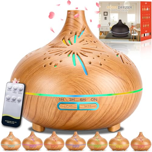 SaiXuan Difusor de Aceites Esenciales 550ml, Humidificador Ultrasónico Madera Silencioso con Luces LED, Temporizador y Mando a Distancia, Difusor de Aromaterapia para Dormitorio, Oficina y Regalo