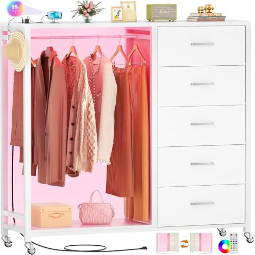 iSunirm 2 in 1 Chest of Drawers, Dresser for Bedroom,5 Fabric Drawers Dresser with Charging Station,Open Wardrobe with Clothes Rack,Simple White