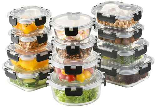 IlGruppone 24 Pezzi Contenitori Ermetici Per Alimenti In Vetro Borosilicato 12 Contenitore 12 Coperchi Antiperdita Casa Ufficio Lavoro Scuola Porta Cibo Mangiare Viaggio microonde lavastoviglie