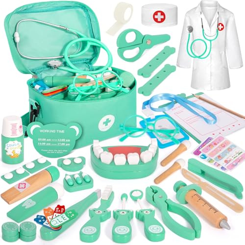 Valigetta Dottore Bambini,kit Dottoressa Bambina,Kit Dottore Bambino con Vero stetoscopio,Camice da Medico e Borsa da Medico Portatile,Gioco di Ruolo Gioco Educativo Regalo Bambini di 3-8 Anni
