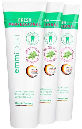 emmi-dent Ultraschall Zahncreme „Fresh“ I Mit frischem Pfefferminz-Geschmack I Ideal für empfindliche Zähne und Zahnfleisch I Vegan I Ohne Titandioxid, ohne Parabene & glutenfrei I 3x 75 ml