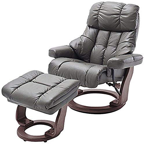 Robas Lund Relaxsessel Calgary mit Hocker, bis 130 kg belastbar, drehbarer Fernsehsessel mit Liegefunktion, Echtleder schlammfarben, Gestell Holz walnuss