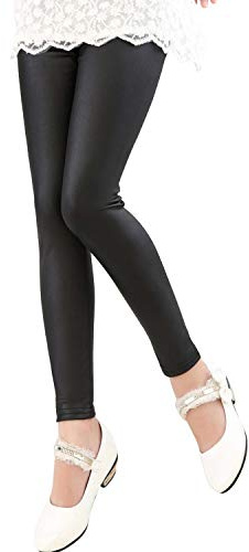 Tulucky Legging extensible en similicuir pour filles, noir, 8-10 ans