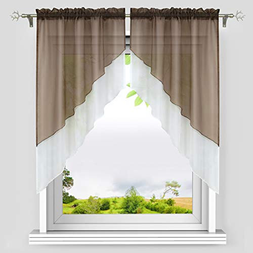 HeichkelL Voile Scheibengardine Bogen Set 2-Teilige Kleinfenster Vorhang Tunnelzug Kurzstores Doppelschichtige Küchengardinen Braun BxH 120x145 cm (Jedes Stück)