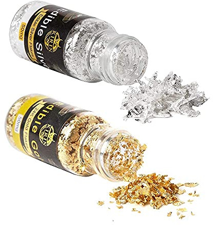 KIRIN 24K Gold Leaf Flakes and 100% Pure Silver Foil Flakes, 50mg Real Gold Foil and 50mg Real Silver Foil for Cake Chocolate Drinks Desserts Decoration, DIY Craft, Art Painting and Furniture Design