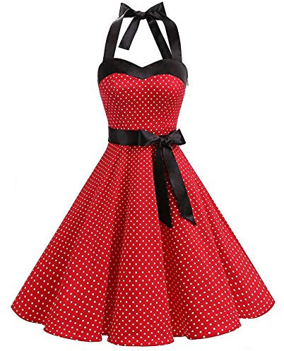 OBEEII Damen 50er 60er Jahre Kleid Vintage Cocktailkleid Neckholder 1950er Hepburn Stil Rockabilly Petticoat Kleid Rot XL