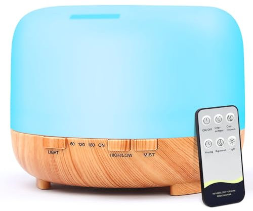 Diffusore di Oli Essenziali Ultrasuoni Umidificatore - 500ml Diffusore di Aromi con telecomando Diffusore Ambiente Lampada profumata con 7 Colori a LED per Casa Ufficio Yoga SPA e Camera da Letto